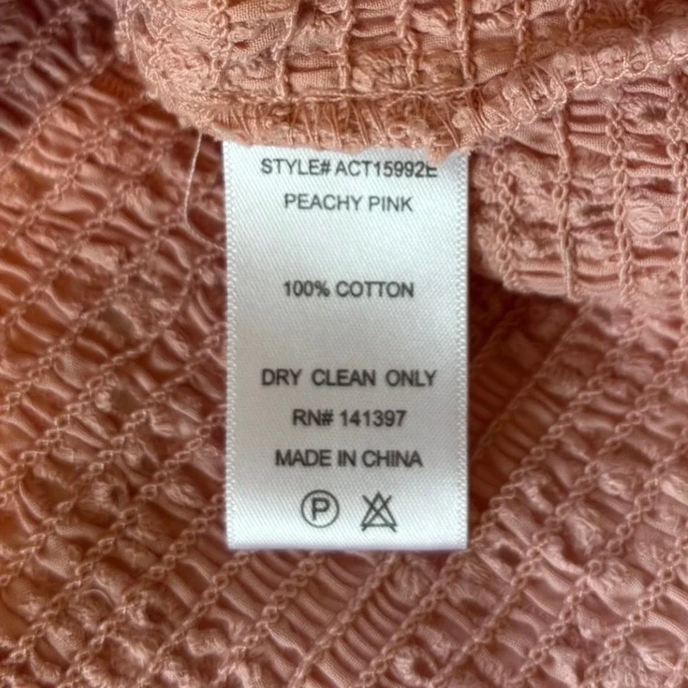 NEW ASTR Smocked Eyelet Puff Sleeve Top Peachy Pink Womens Large Coquette Pastel